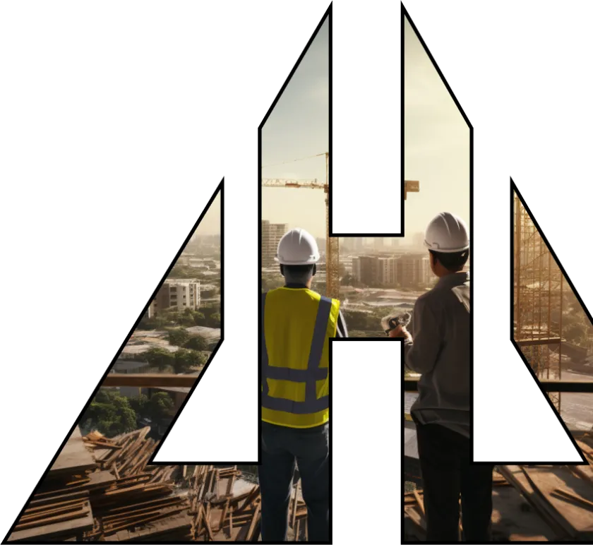 Logo CHG Engenharia por cima de uma imagem de um prédio em construção